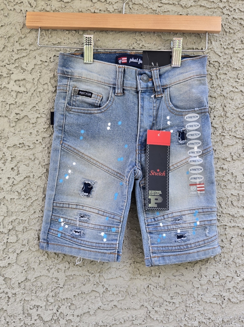 Phat Farm Light Blue Distressed Denim Shorts with Paint Splatter